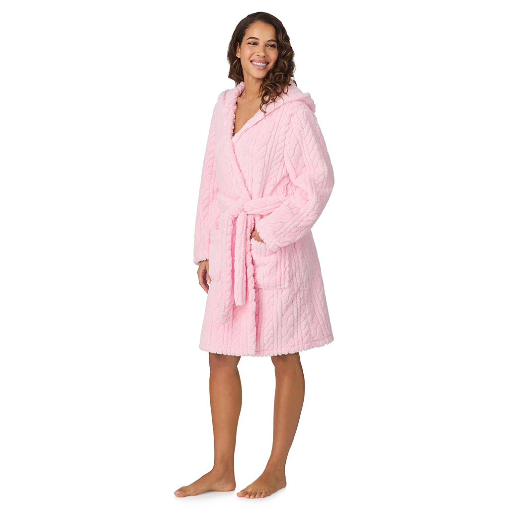 A lady wearing Powder Pink Cable Jacquard Sherpa Wrap Robe with Hood