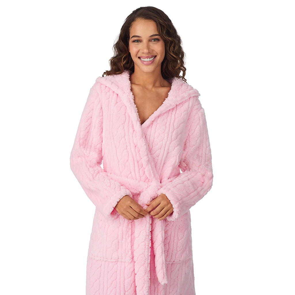 A lady wearing Powder Pink Cable Jacquard Sherpa Wrap Robe with Hood