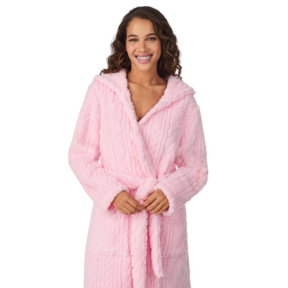 Powder Pink;Model is wearing size S. She is 5’9”, Bust 34”, Waist 23”, Hips 35”.@A lady wearing Powder Pink Cable Jacquard Sherpa Wrap Robe with Hood