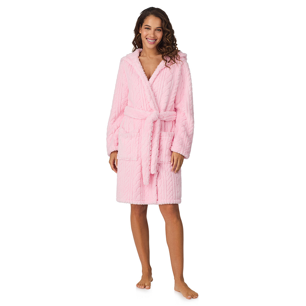 A lady wearing Powder Pink Cable Jacquard Sherpa Wrap Robe with Hood