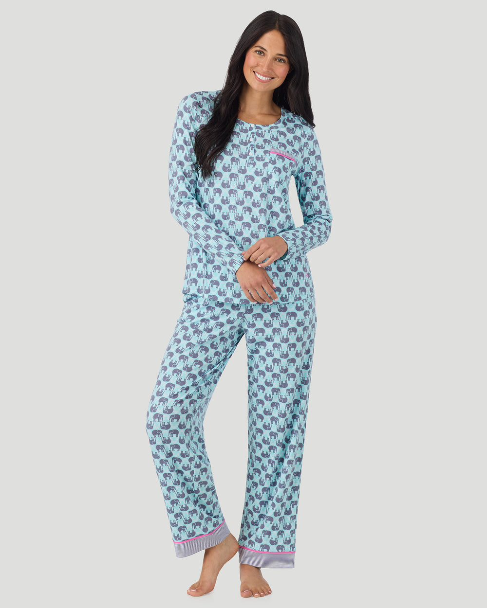A lady wearing Cotton-Blend Long Sleeve Top and Long Pant Pajama Set in Elephant