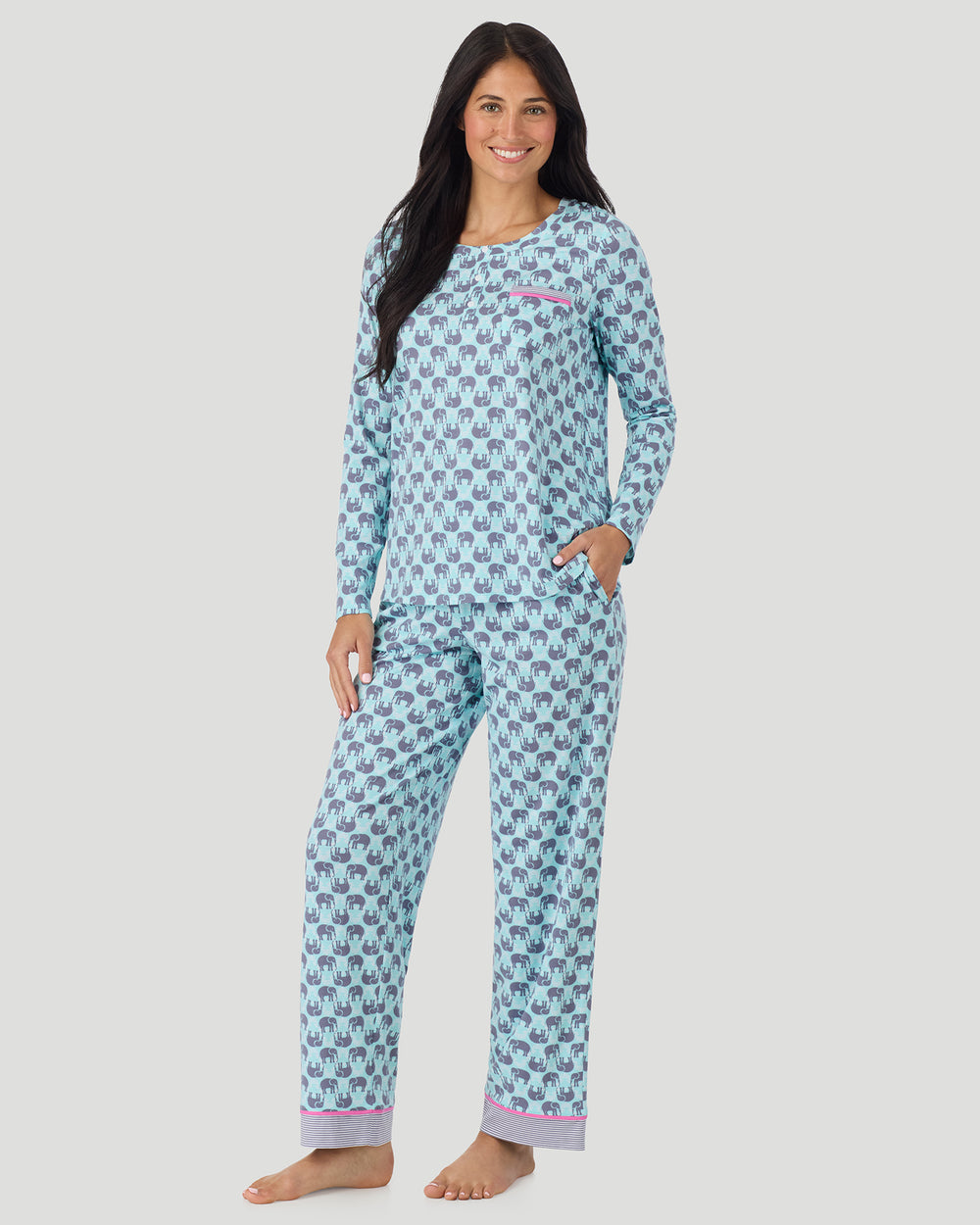 A lady wearing Cotton-Blend Long Sleeve Top and Long Pant Pajama Set in Elephant looking front