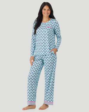 A lady wearing Cotton-Blend Long Sleeve Top and Long Pant Pajama Set in Elephant looking front