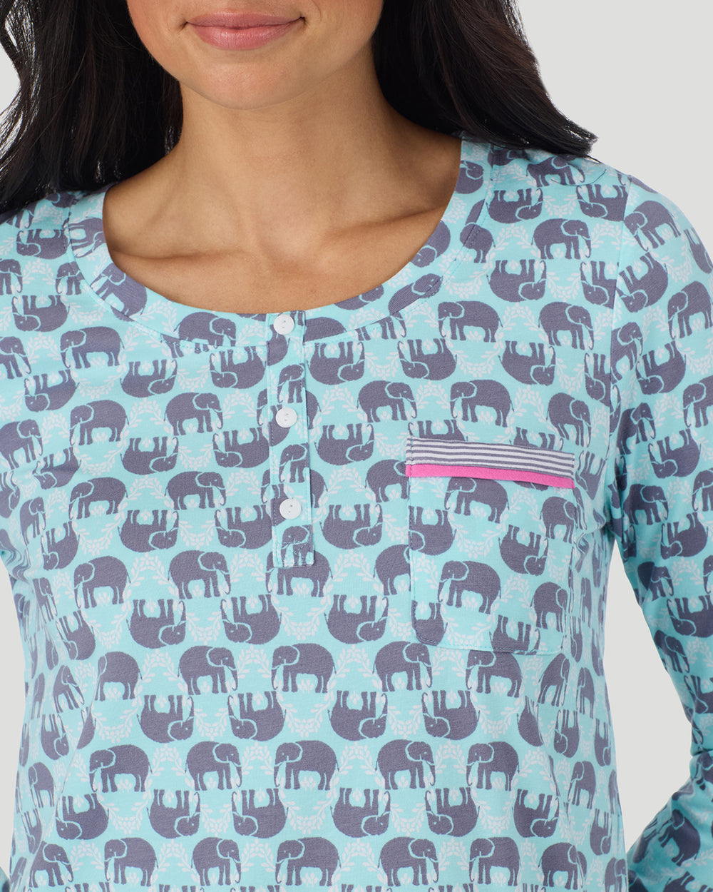 A lady wearing Cotton-Blend Long Sleeve Top and Long Pant Pajama Set in Elephant closer look