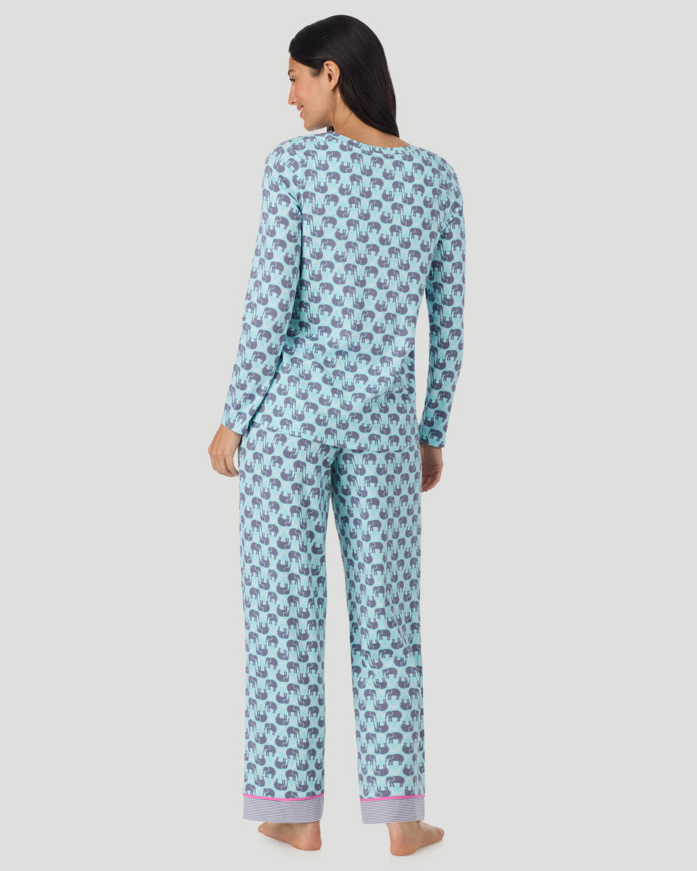 A lady wearing Cotton-Blend Long Sleeve Top and Long Pant Pajama Set in Elephant back view