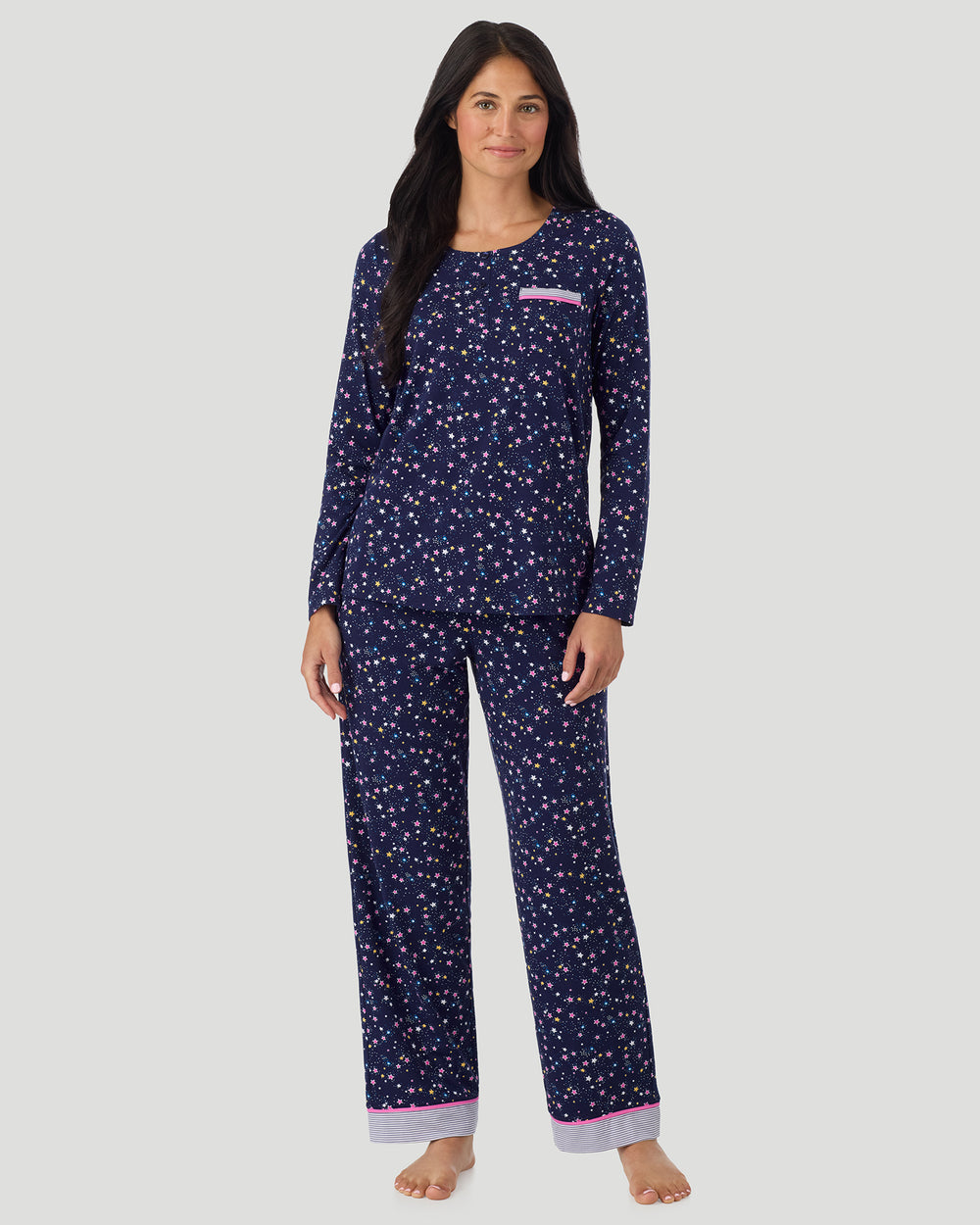 A lady wearing Cotton-Blend Long Sleeve Top and Long Pant Pajama Set in Navy Star Print looking front