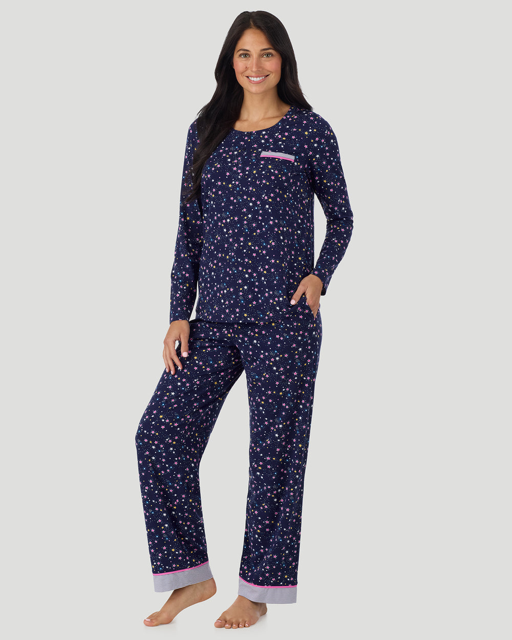 A lady wearing Cotton-Blend Long Sleeve Top and Long Pant Pajama Set in Navy Star Print
