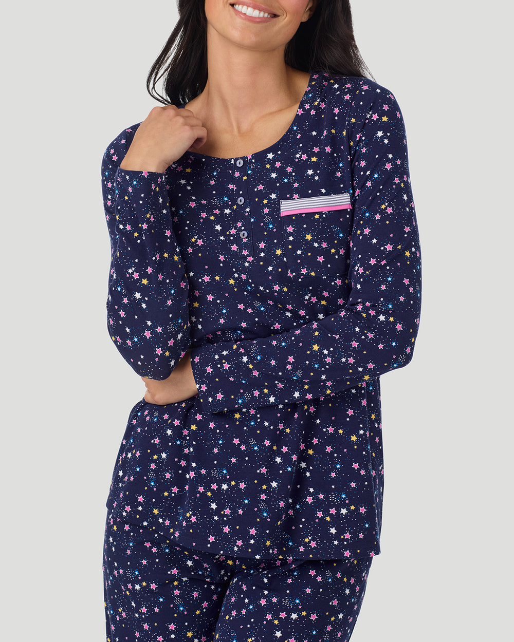 A lady wearing Cotton-Blend Long Sleeve Top and Long Pant Pajama Set in Navy Star Print closer look