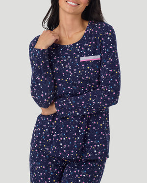 A lady wearing Cotton-Blend Long Sleeve Top and Long Pant Pajama Set in Navy Star Print closer look