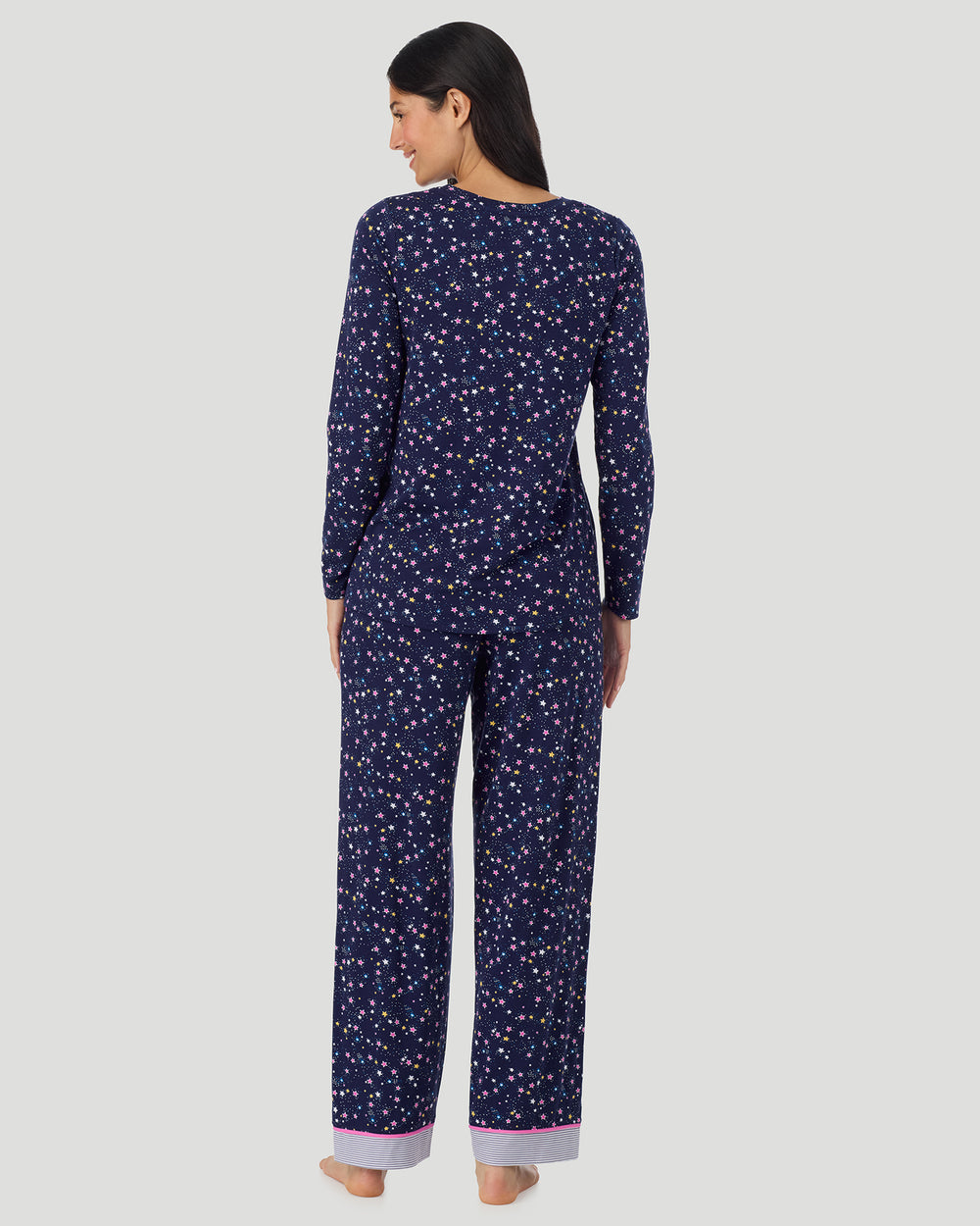 A lady wearing Cotton-Blend Long Sleeve Top and Long Pant Pajama Set in Navy Star Print back view