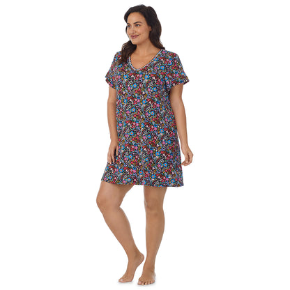 Spring Bloom;Model is wearing size 1X. She is 5'11.5", Bust 41", Waist 33", Hips 46"@A lady wearing short sleeve sleep shirt with floral print