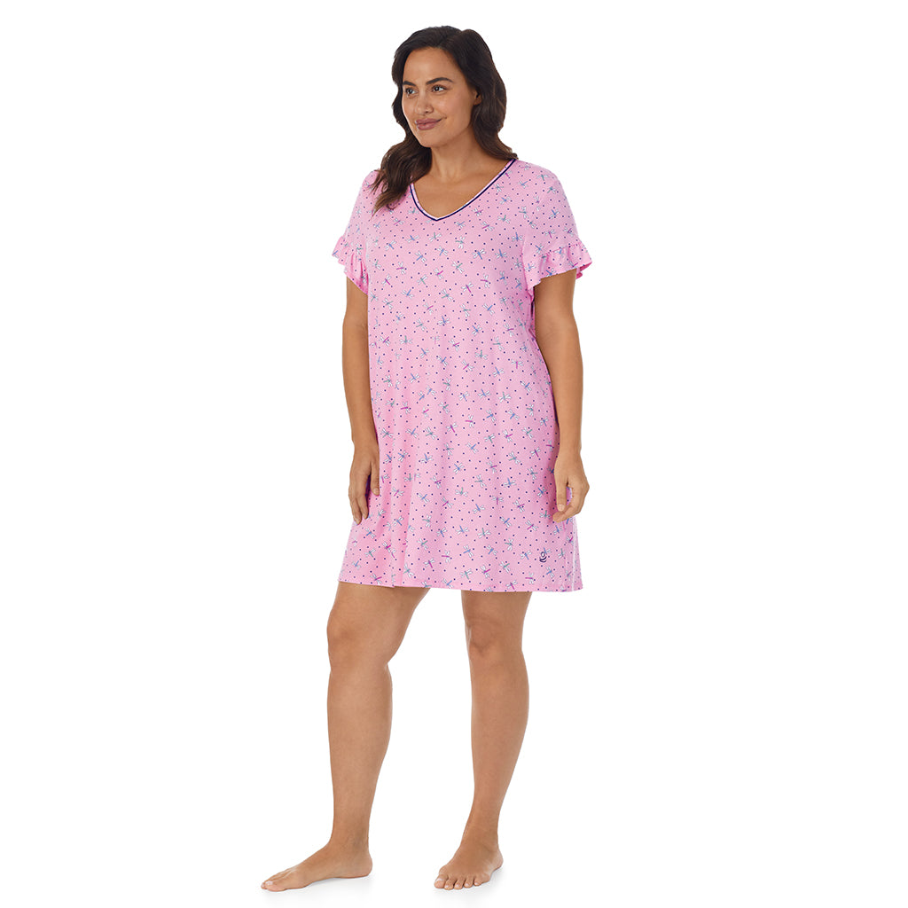 Pink Dragonfly; Model is wearing size 1X. She is 5'11.5", Bust 41", Waist 33", Hips 46"@A lady wearing pink short sleeve sleep shirt with pink dragonfly print