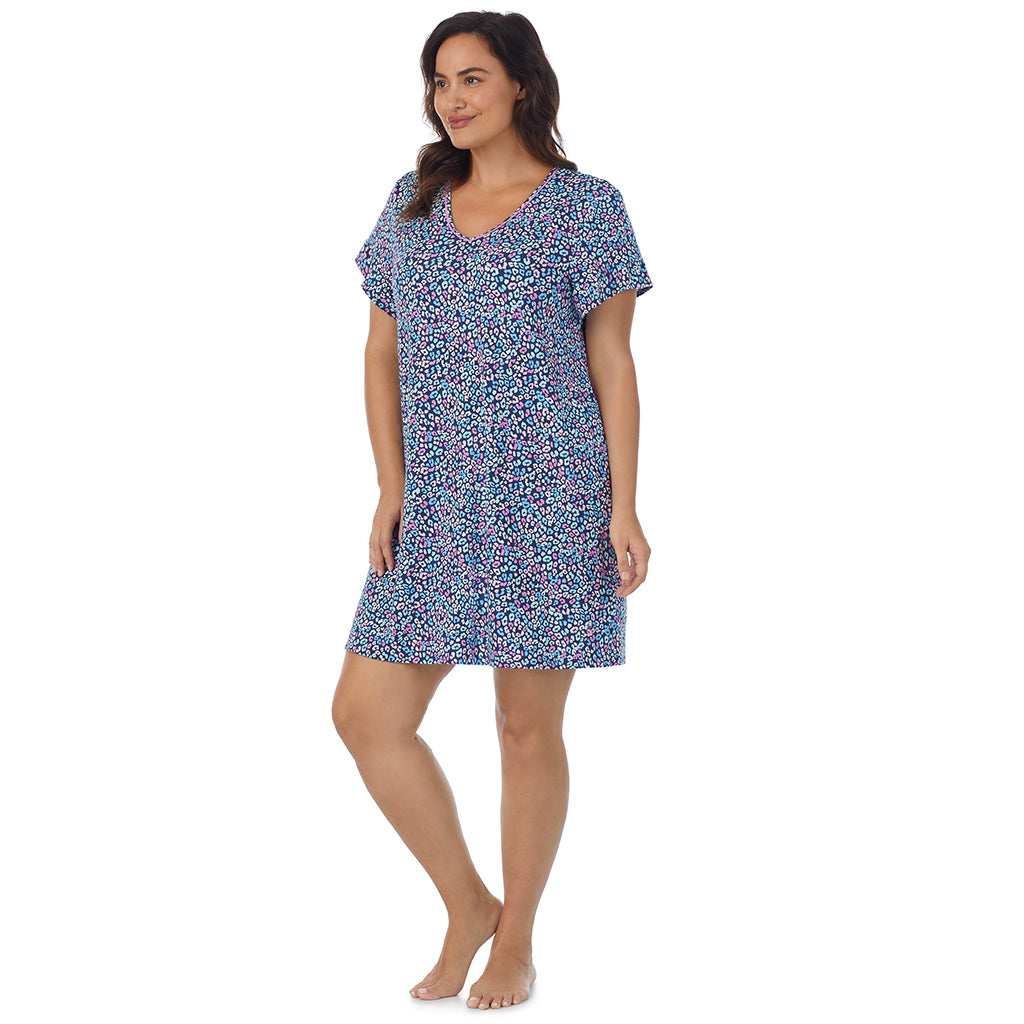 Multi Animal;Model is wearing size 1X. She is 5'11.5", Bust 41", Waist 33", Hips 46"@A lady wearing short sleeve sleep shirt with multi animal print