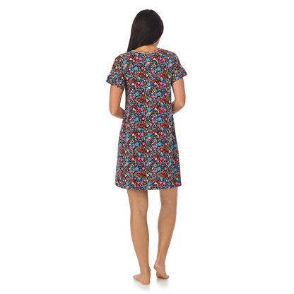 Spring Bloom; Model is wearing size S. She is 5'8.5", Bust 32", Waist 25", Hips 36".@A lady wearing black short sleeve sleepshirt with floral print