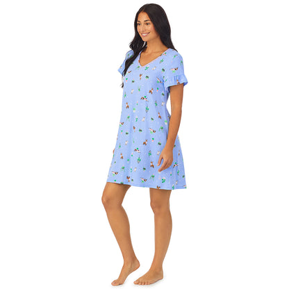 Succulent Dogs; Model is wearing size S. She is 5'8.5", Bust 32", Waist 25", Hips 36".@A lady wearing blue short sleeve sleepshirt with Succulent Dogs print
