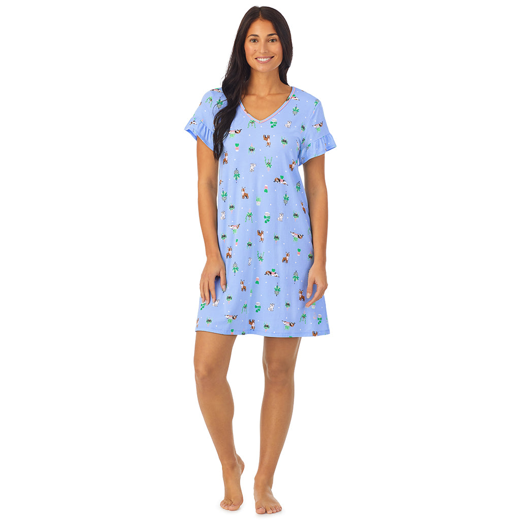 Succulent Dogs;Model is wearing size S. She is 5'8.5", Bust 32", Waist 25", Hips 36".@A lady wearing blue short sleeve sleepshirt with Succulent Dogs print