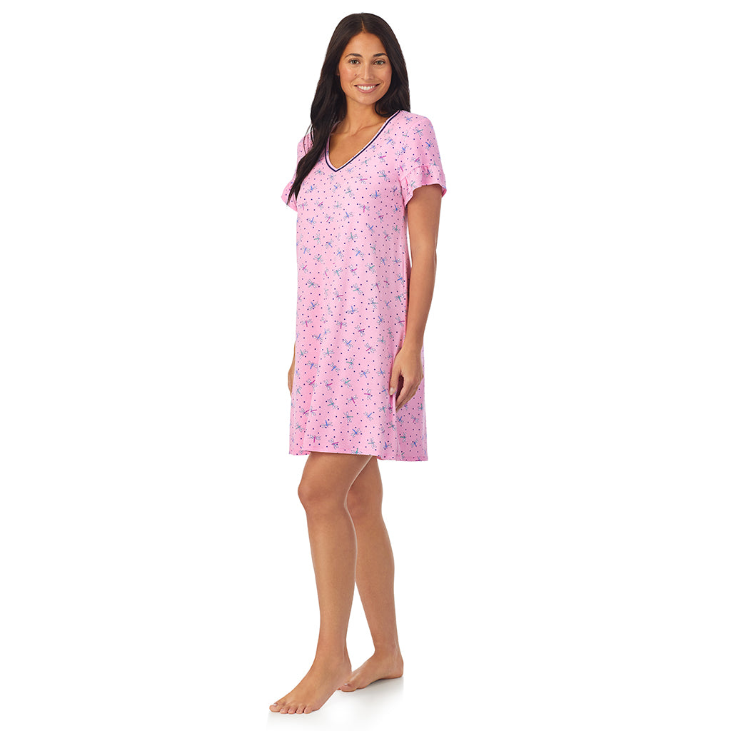 Pink Dragonfly; Model is wearing size S. She is 5'8.5", Bust 32", Waist 25", Hips 36".@A lady wearing pink short sleeve sleepshirt with Dragonfly print