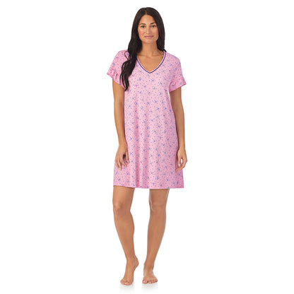 Pink Dragonfly;Model is wearing size S. She is 5'8.5", Bust 32", Waist 25", Hips 36". @A lady wearing pink short sleeve sleepshirt with Dragonfly print