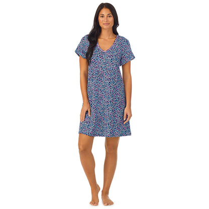 Multi Animal;Model is wearing size S. She is 5'8.5", Bust 32", Waist 25", Hips 36".@A lady wearing a short sleeve sleepshirt with multi animal print