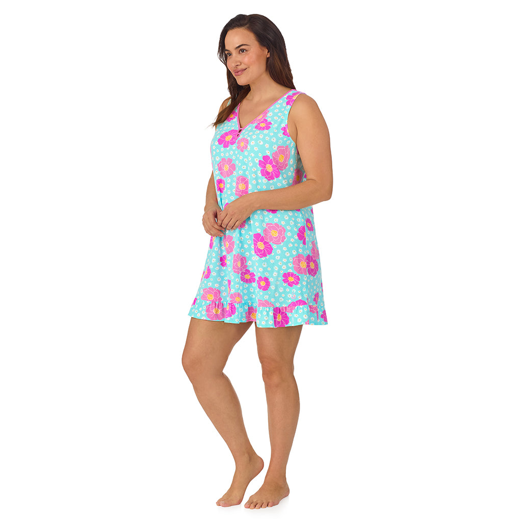 Aqua Multi Floral; Model is wearing size 1X. She is 5'11.5", Bust 41", Waist 33", Hips 46".@A lady wearing blue cotton blend sleeveless plus chemise with aqua multi floral print.
