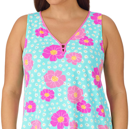 Aqua Multi Floral; Model is wearing size 1X. She is 5'11.5", Bust 41", Waist 33", Hips 46".@A lady wearing blue cotton blend sleeveless plus chemise with aqua multi floral print.