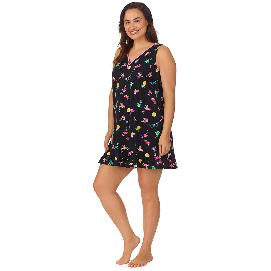 Summer Graphic; Model is wearing size 1X. She is 5'11.5", Bust 41", Waist 33", Hips 46".@ A lady wearing black cotton blend sleeveless plus chemise with  summer graphic print.
