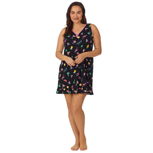 Summer Graphic; Model is wearing size 1X. She is 5'11.5", Bust 41", Waist 33", Hips 46".@A lady wearing black cotton blend sleeveless plus chemise with  summer graphic print.