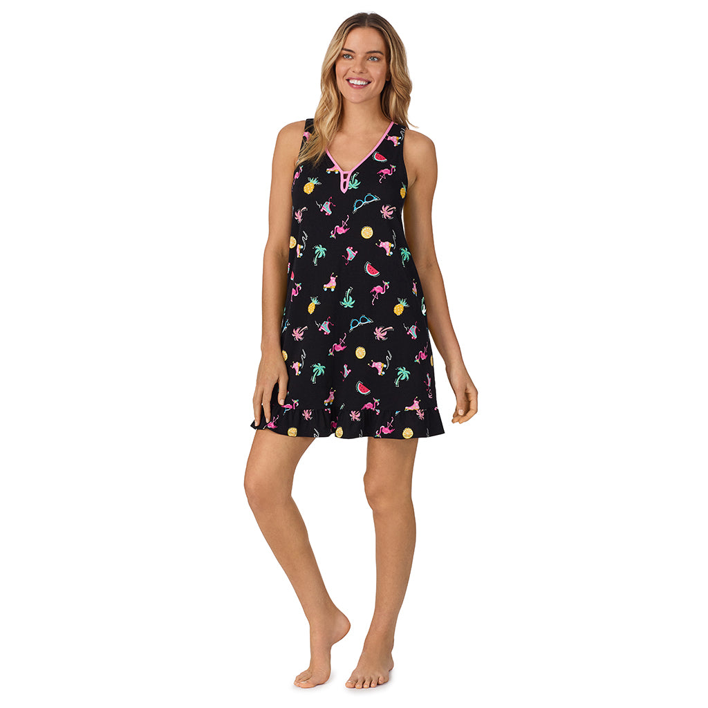 Summer Graphic; Model is wearing size S. She is 5’10”, Bust 34”, Waist 26", Hips 38”.@ A lady wearing navy sleeveless cotton blend chemise with summer graphic print.