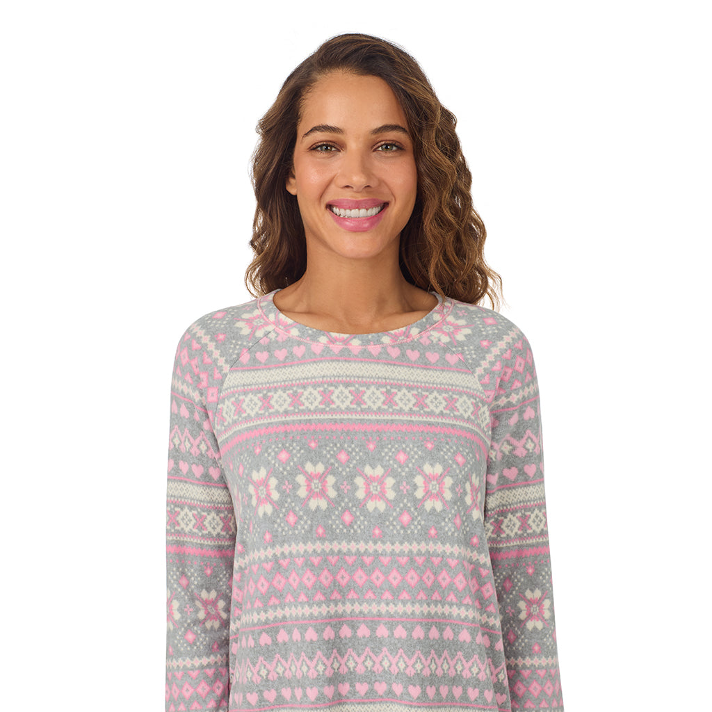 Grey Fairisle;Model is wearing size S. She is 5’9”, Bust 34”, Waist 23”, Hips 35”.@A lady wearing Grey Fairisle Brushed Sweater Knit Long Sleeve Sleepshirt