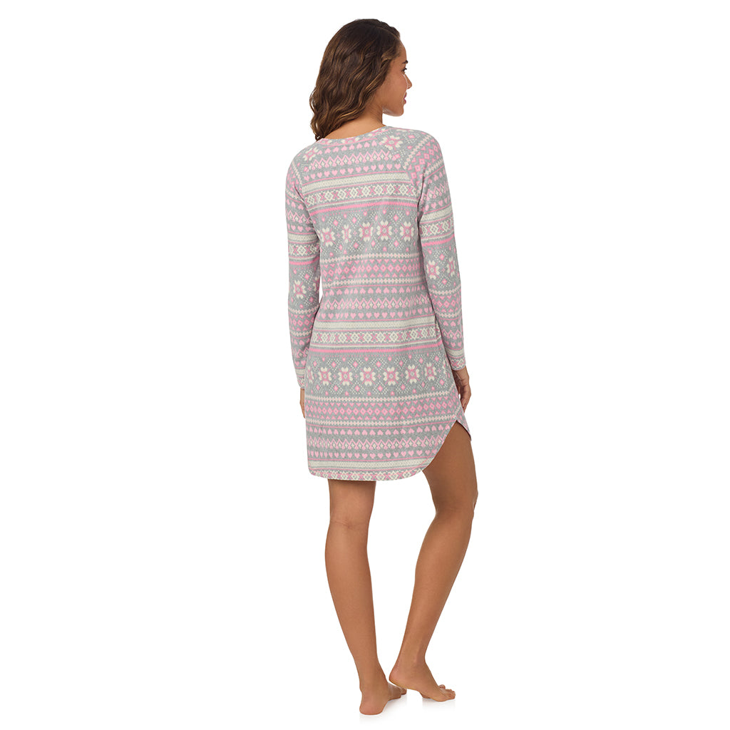 A lady wearing Grey Fairisle Brushed Sweater Knit Long Sleeve Sleepshirt