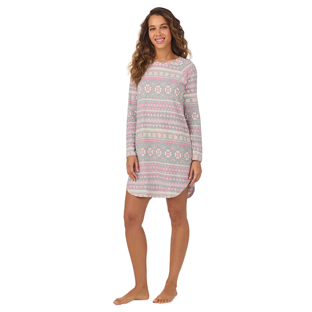 A lady wearing Grey Fairisle Brushed Sweater Knit Long Sleeve Sleepshirt