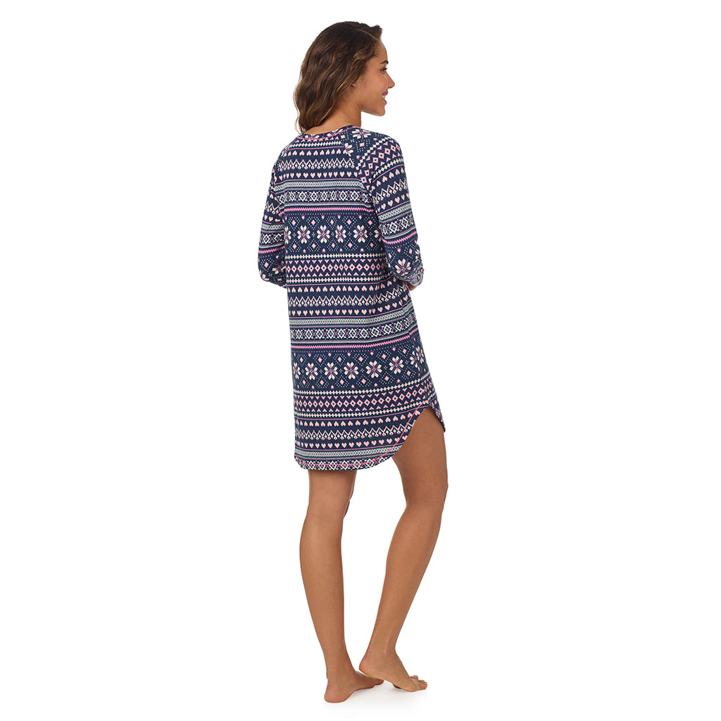 Navy Pink Fairisle;Model is wearing size S. She is 5’9”, Bust 34”, Waist 23”, Hips 35”.@A lady wearing Navy Pink Fairisle Brushed Sweater Knit Long Sleeve Sleepshirt