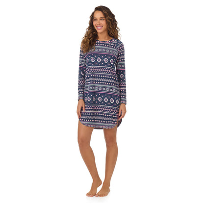 Navy Pink Fairisle;Model is wearing size S. She is 5’9”, Bust 34”, Waist 23”, Hips 35”.@A lady wearing Navy Pink Fairisle Brushed Sweater Knit Long Sleeve Sleepshirt