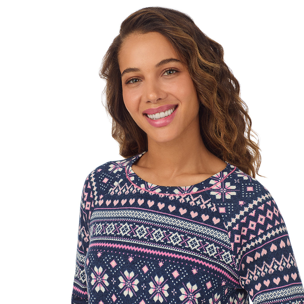 Navy Pink Fairisle;Model is wearing size S. She is 5’9”, Bust 34”, Waist 23”, Hips 35”.@A lady wearing Navy Pink Fairisle Brushed Sweater Knit Long Sleeve Sleepshirt