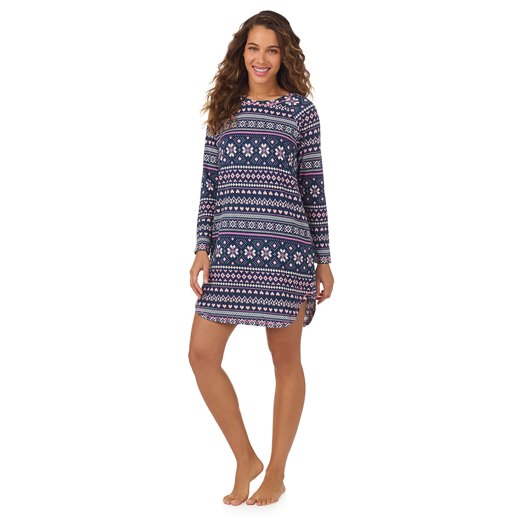 Navy Pink Fairisle;Model is wearing size S. She is 5’9”, Bust 34”, Waist 23”, Hips 35”.@A lady wearing Navy Pink Fairisle Brushed Sweater Knit Long Sleeve Sleepshirt