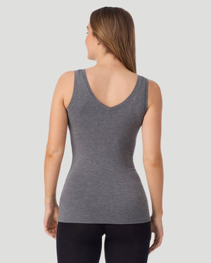 A lady wearing Softwear With Stretch Long Sleeve Bodysuit in charcoal heather shown in a front view standing pose