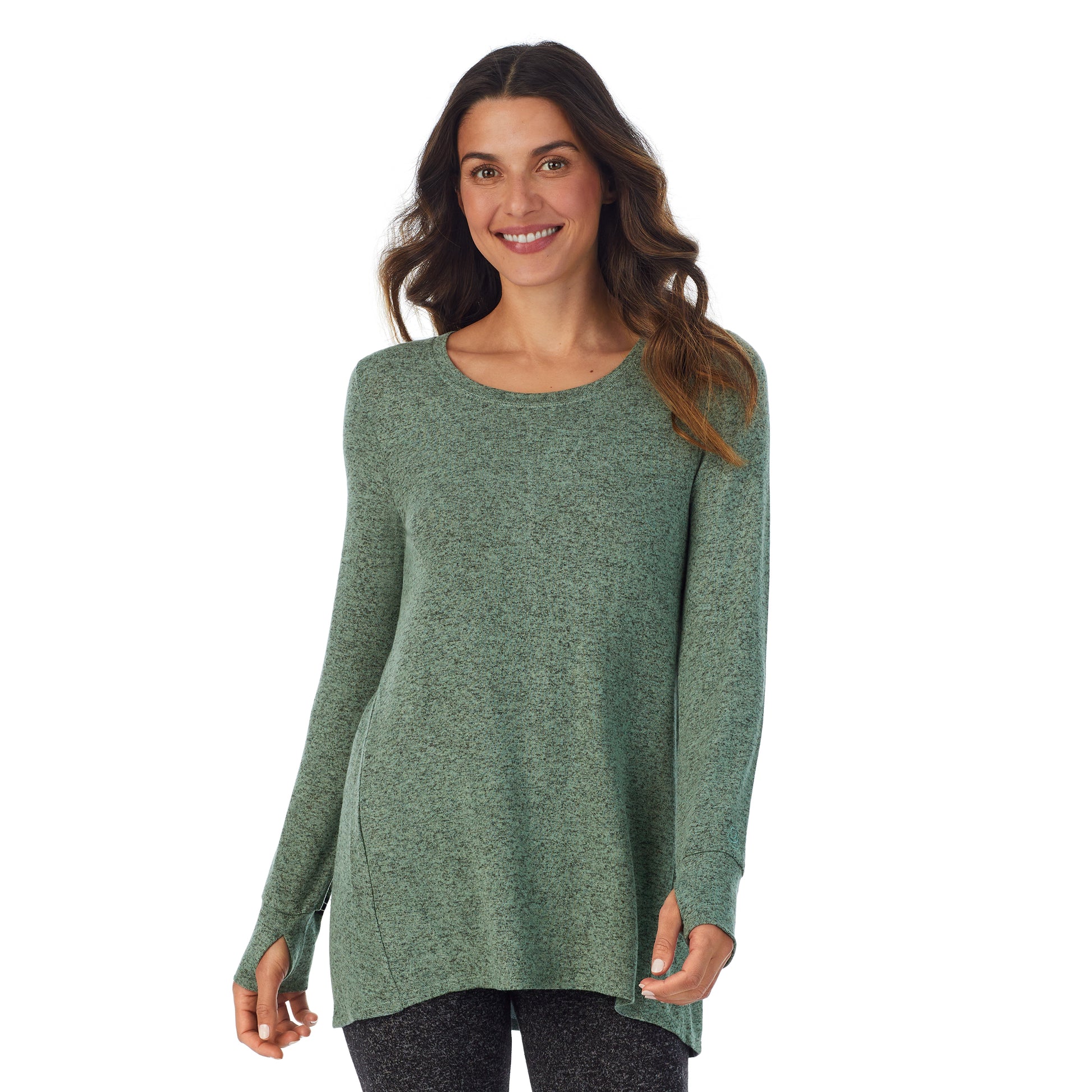 Marled Soft Olive; Model is wearing size S. She is 5’9”, Bust 34”, Waist 25.5”, Hips 36.5”. @A lady wearing a Marled Soft Olive long sleeve tunic.