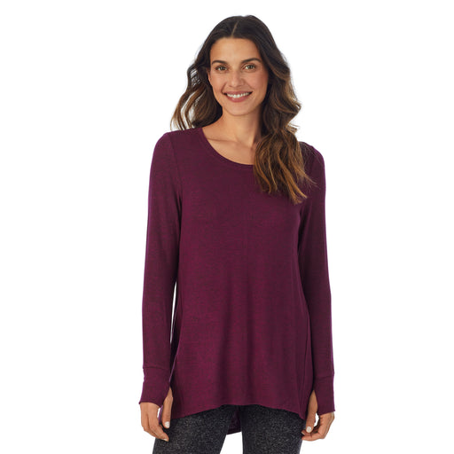 Marled Purple Beet; 'Model is wearing size S. She is 5’9”, Bust 34”, Waist 25.5”, Hips 36.5”. @A lady wearing a Marled Purple Beet long sleeve tunic.