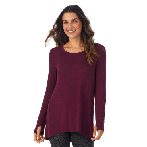 Marled Purple Beet; 'Model is wearing size S. She is 5’9”, Bust 34”, Waist 25.5”, Hips 36.5”. @A lady wearing a Marled Purple Beet long sleeve tunic.