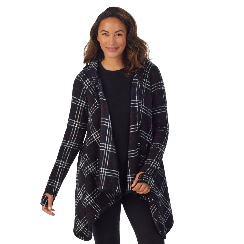 Upper body of a lady wearing long sleeve Black Plaid hooded wrap !59% Polyester, 35% Recycled Polyester, 6% Spandex!