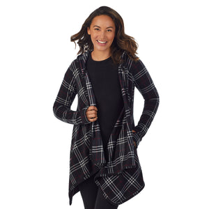 Upper body of a lady wearing long sleeve Black Plaid hooded wrap !59% Polyester, 35% Recycled Polyester, 6% Spandex!