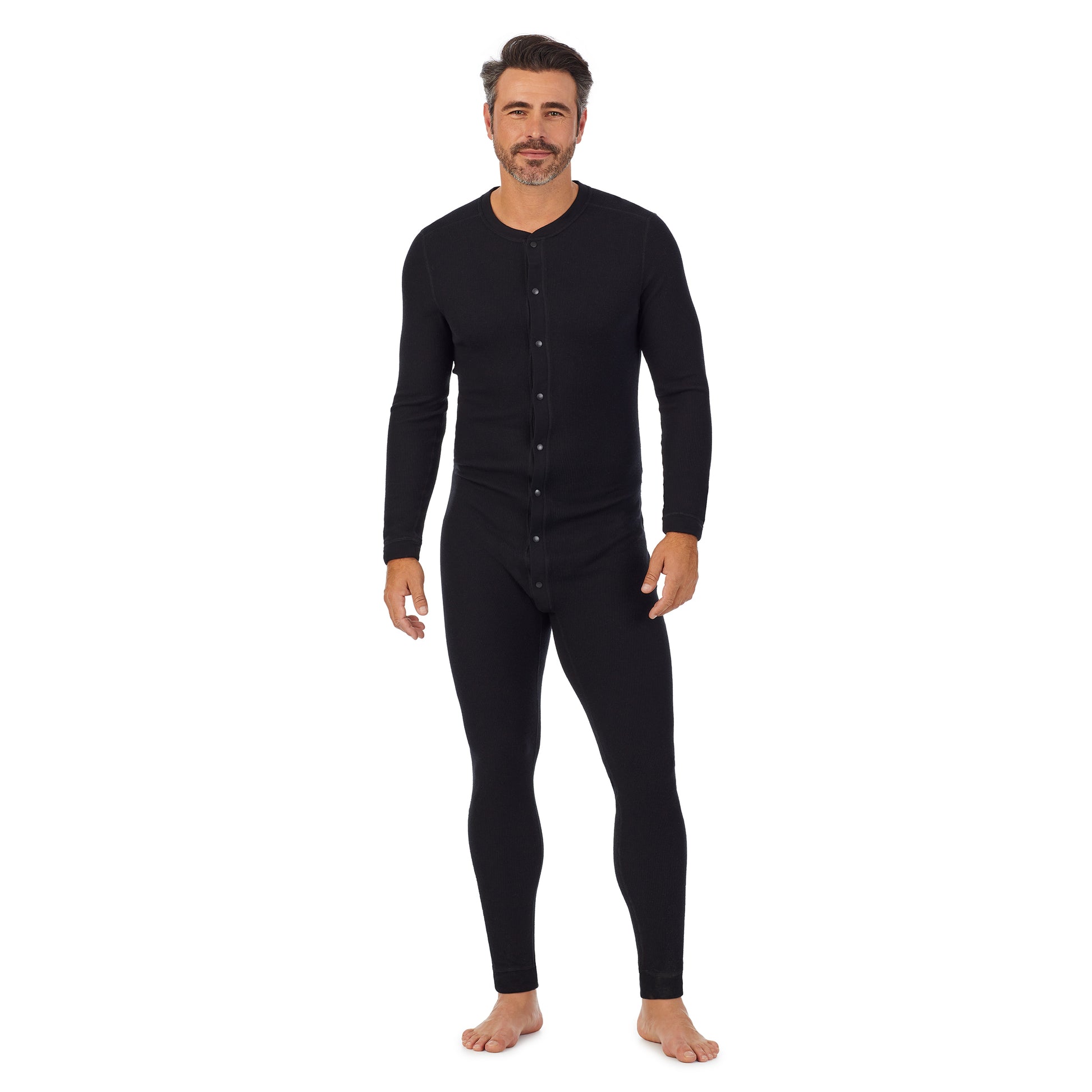 Black;Model is wearing size M. He is 6'2", Waist 32", Inseam 34".@A man wearing black Waffle Thermal Button Front Union Suit