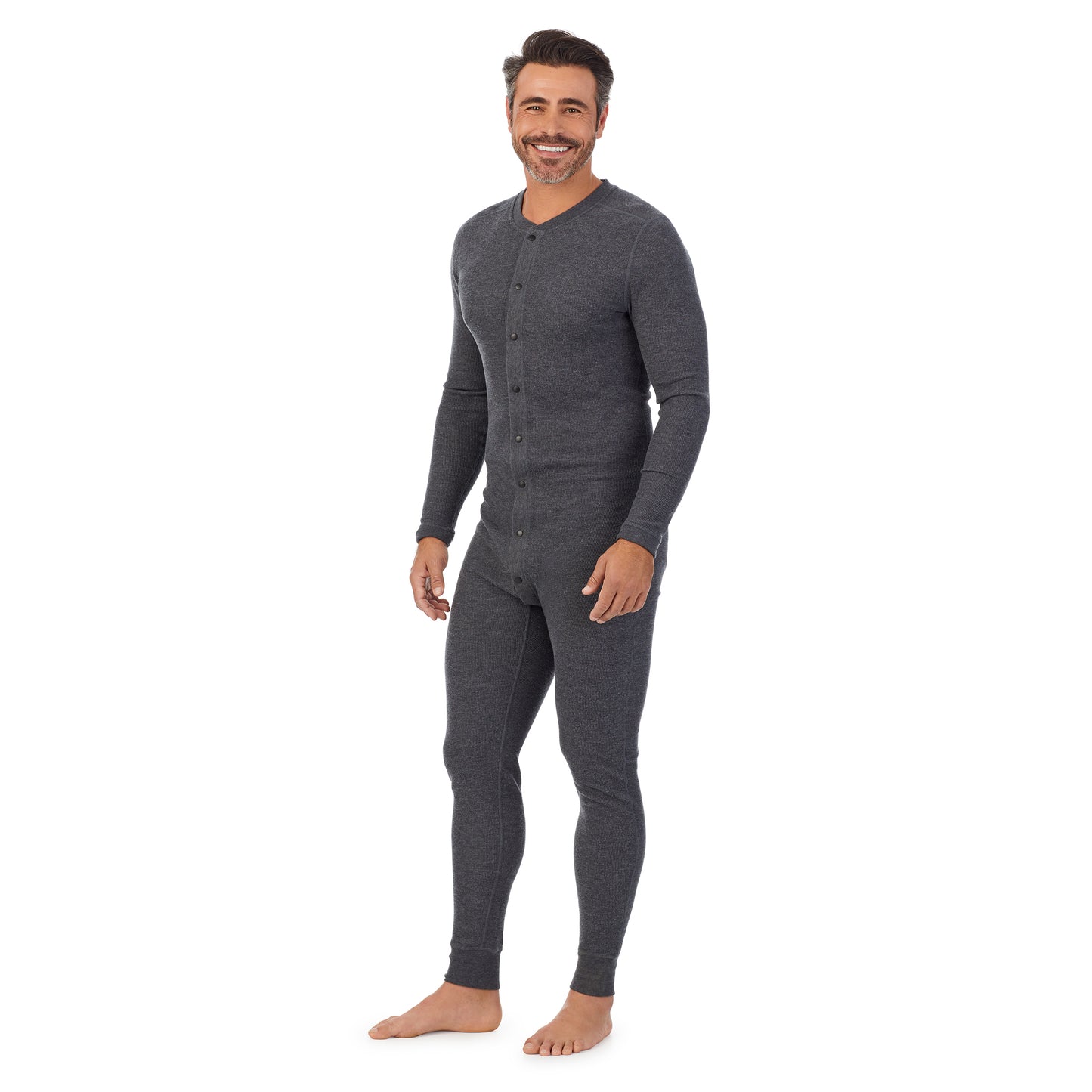 Charcoal Heather;Model is wearing size M. He is 6'2", Waist 32", Inseam 34".@A man wearing charcoal heather Waffle Thermal Button Front Union Suit
