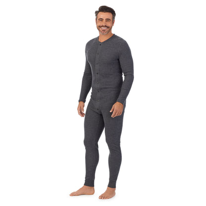 Charcoal Heather;Model is wearing size M. He is 6'2", Waist 32", Inseam 34".@A man wearing charcoal heather Waffle Thermal Button Front Union Suit