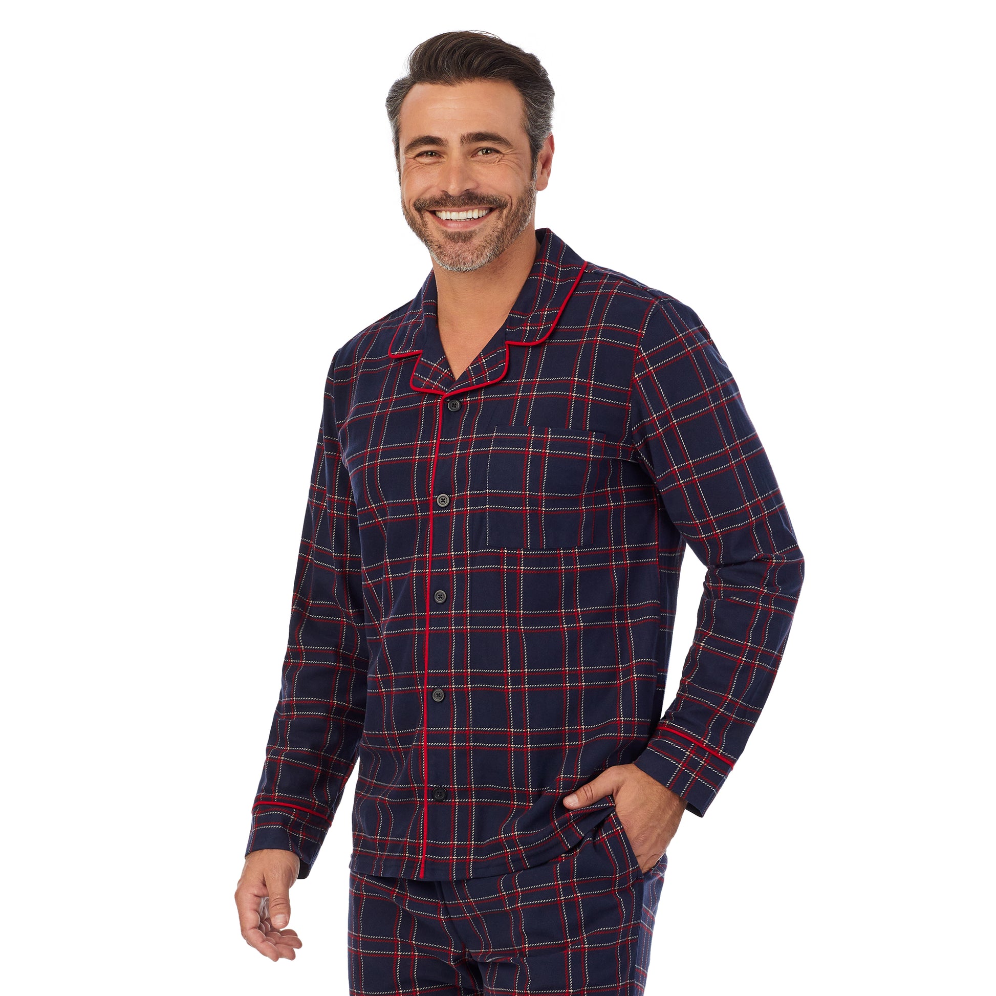 Navy Plaid;Model is wearing size M. He is 6'2", Waist 32", Inseam 34".@A man wearing navy plaid Mens Cozy Lodge Notch Pajama 2-Pc Set