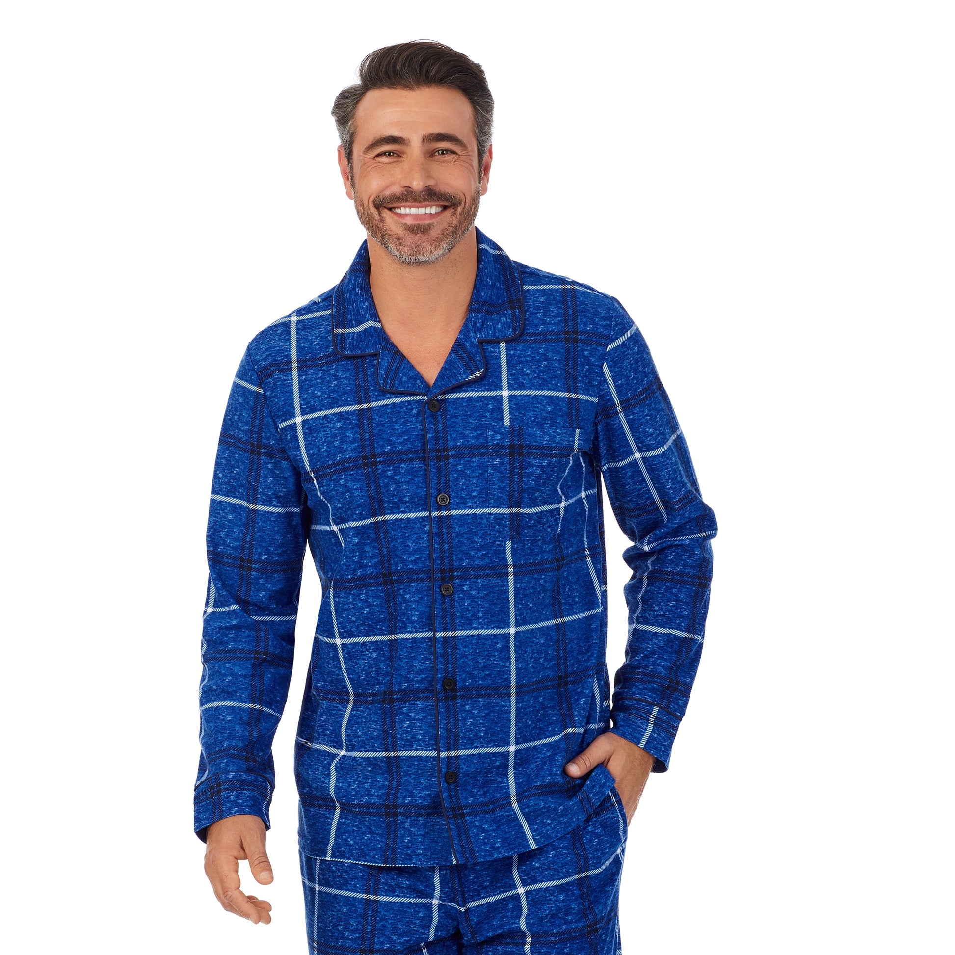 Blue Plaid;Model is wearing size M. He is 6'2", Waist 32", Inseam 34".@A man wearing blue plaid Mens Cozy Lodge Notch Pajama 2-Pc Set