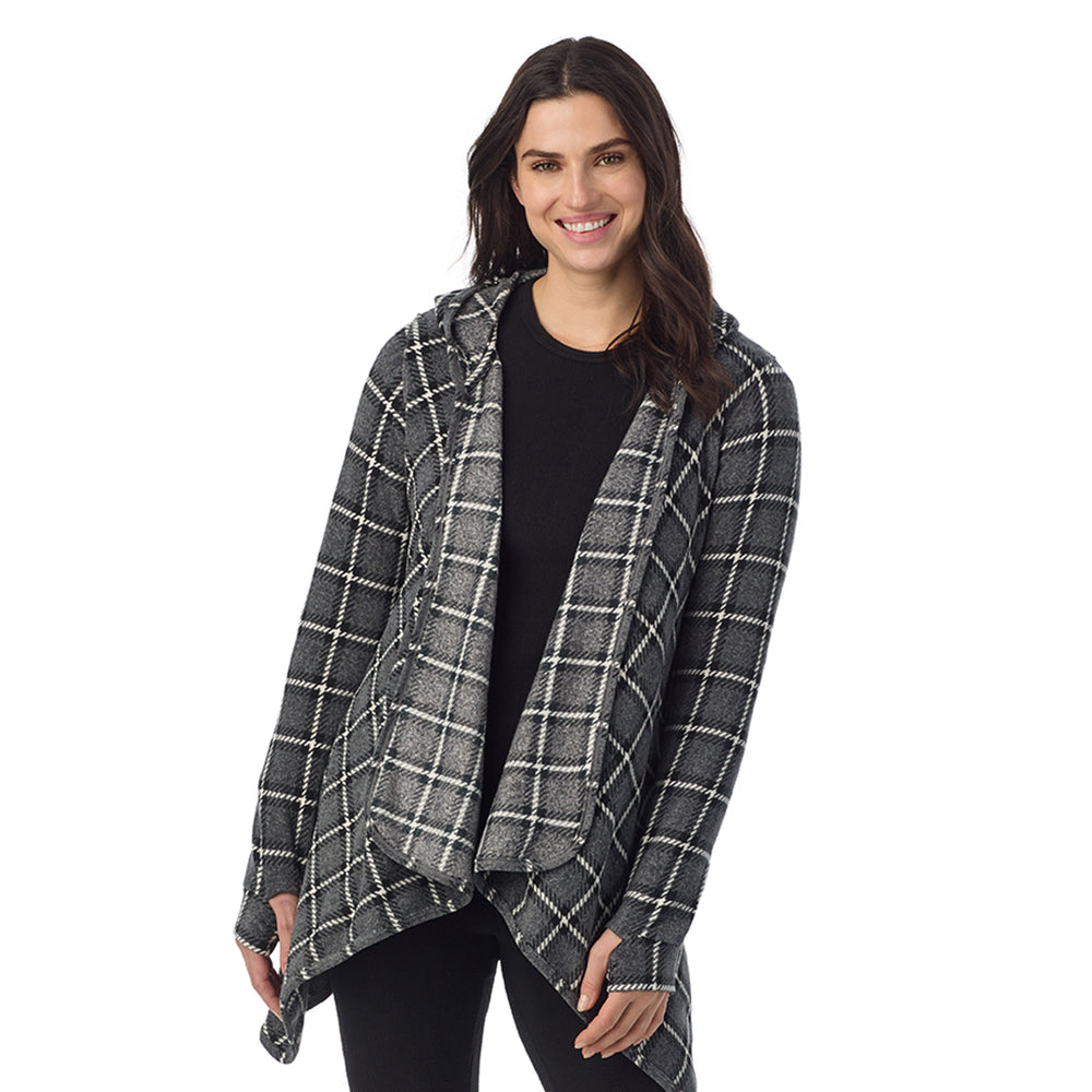 A Lady is wearing a Grey Black Plaid Fleecewear With Stretch Long Sleeve Hooded Wrap !94% Recycled Polyester, 6% Spandex!