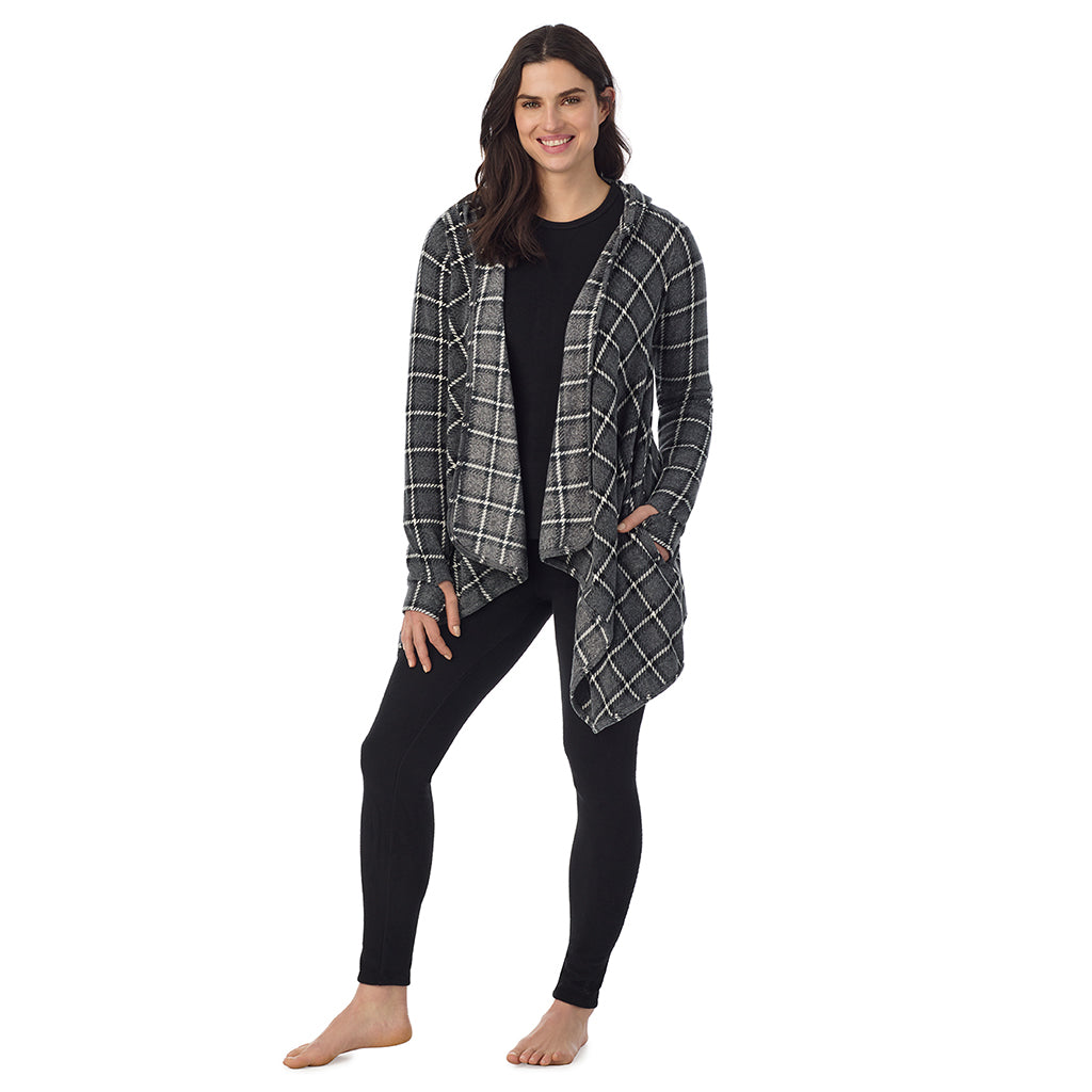 Grey Black Plaid; Model is wearing a size S. She is 5’9”, Bust 34”, Waist 25”, Hips 36”@ A Lady is wearing a Grey Black Plaid Fleecewear With Stretch Long Sleeve Hooded Wrap !94% Recycled Polyester, 6% Spandex!