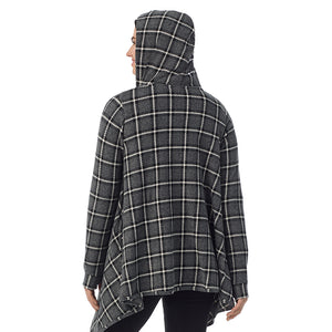  A Lady is wearing a Grey Black Plaid Fleecewear With Stretch Long Sleeve Hooded Wrap !94% Recycled Polyester, 6% Spandex!