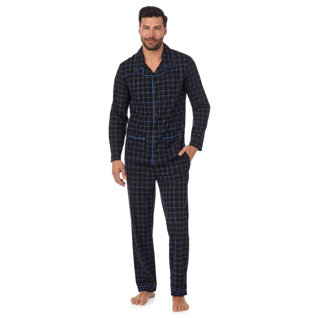 Black Windowpane; Model is wearing a size M. He is 6’2”, Waist is 32”, Inseam 34”@ A Man is wearing Black Windowpane Mens Cozy Lodge Notch Pajama 2-Pc Set